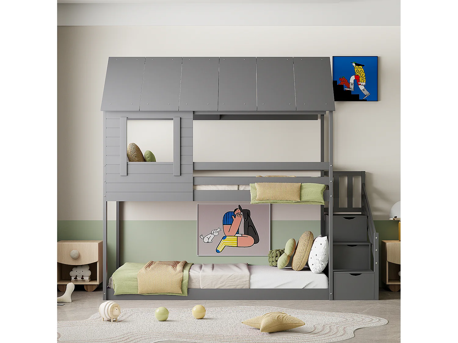 Lits superposés 2 x 90 x 200 cm avec barrières, toit et compartiments de rangement - bois de pin - coloris gris