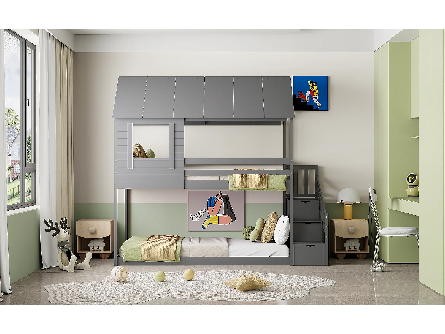 Lits superposés 2 x 90 x 200 cm avec barrières, toit et compartiments de rangement - bois de pin - coloris gris