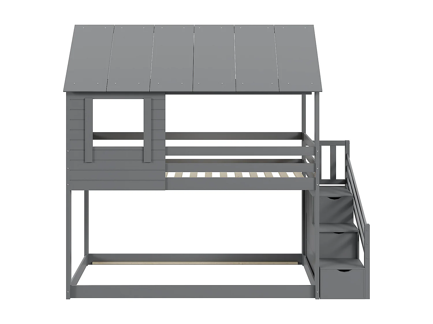 Lits superposés 2 x 90 x 200 cm avec barrières, toit et compartiments de rangement - bois de pin - coloris gris