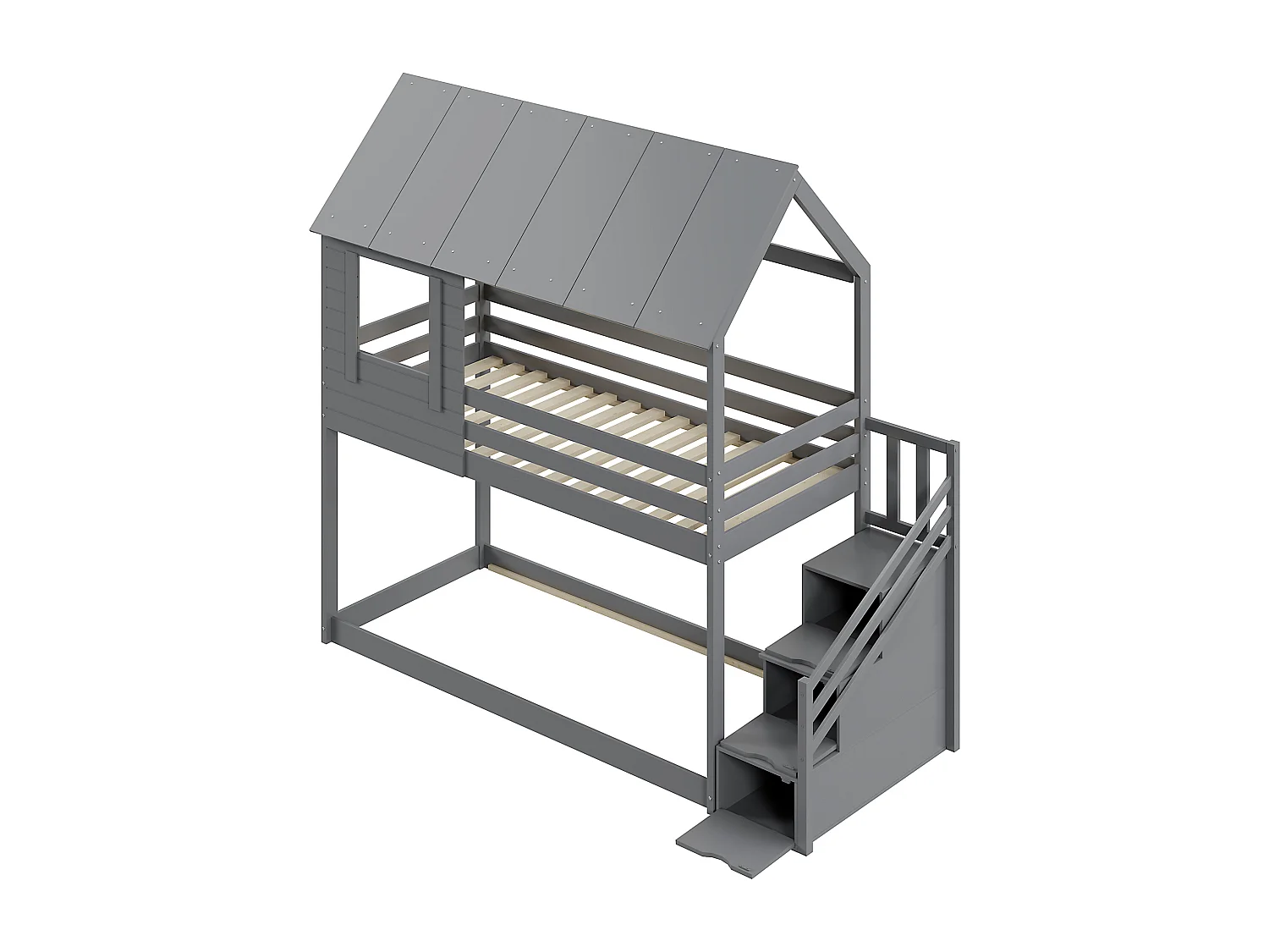 Lits superposés 2 x 90 x 200 cm avec barrières, toit et compartiments de rangement - bois de pin - coloris gris