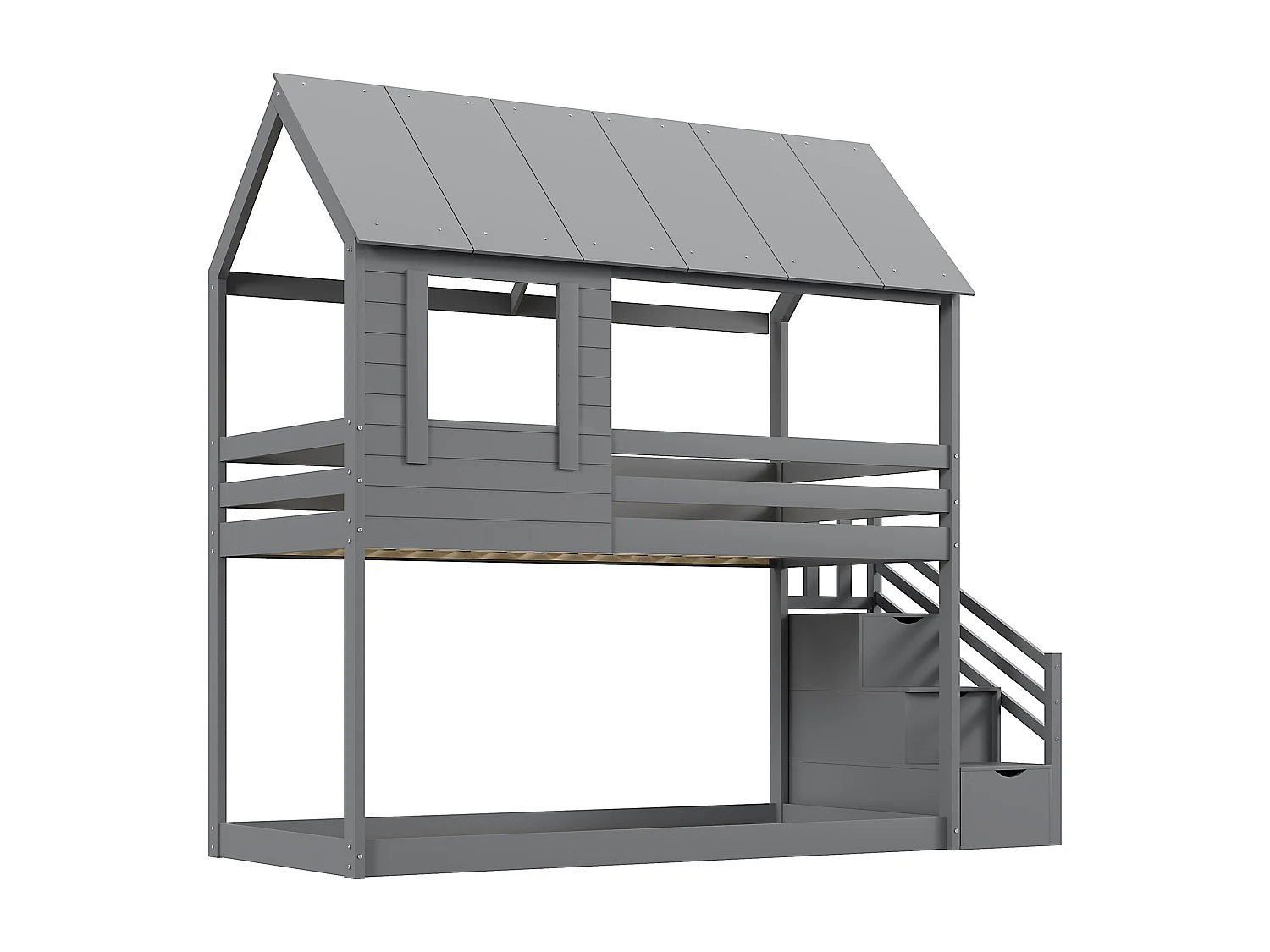 Lits superposés 2 x 90 x 200 cm avec barrières, toit et compartiments de rangement - bois de pin - coloris gris