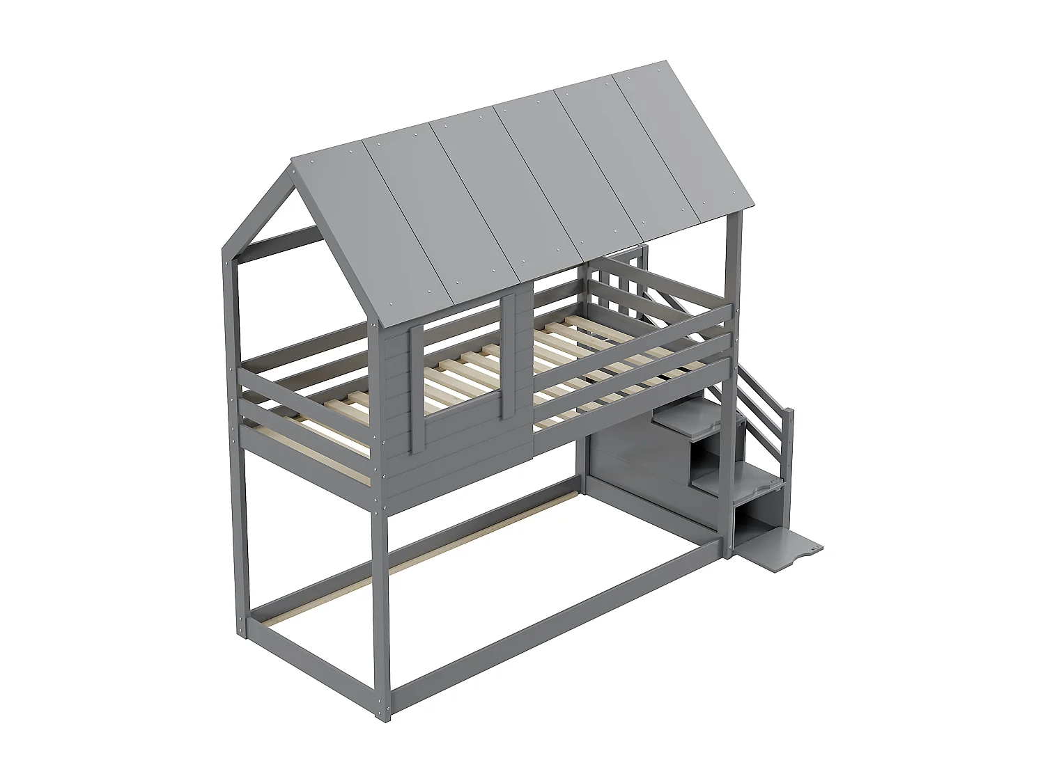 Lits superposés 2 x 90 x 200 cm avec barrières, toit et compartiments de rangement - bois de pin - coloris gris