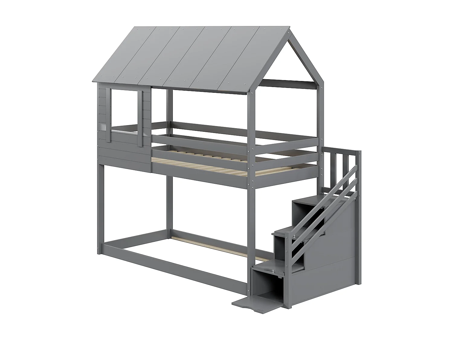 Lits superposés 2 x 90 x 200 cm avec barrières, toit et compartiments de rangement - bois de pin - coloris gris