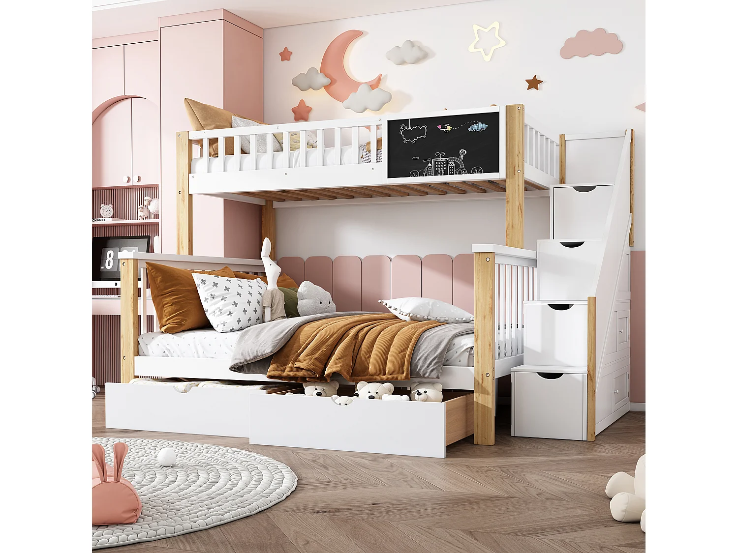 Lits superposés 90 x 200 cm + 140 x 200 cm pour enfants avec 6 tiroirs et tableau noir - bois massif + MDF - coloris blanc et chêne