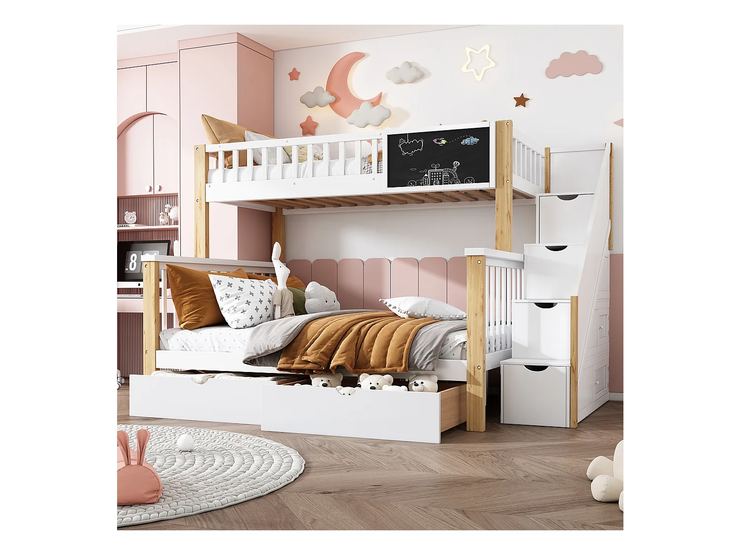 Lits superposés 90 x 200 cm + 140 x 200 cm pour enfants avec 6 tiroirs et tableau noir - bois massif + MDF - coloris blanc et chêne