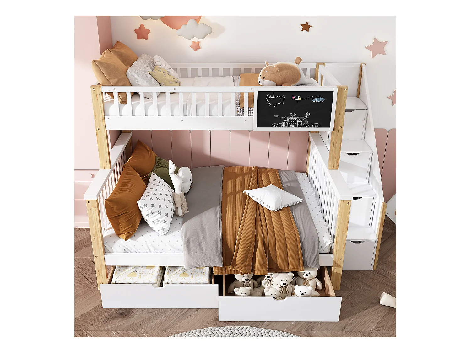 Lits superposés 90 x 200 cm + 140 x 200 cm pour enfants avec 6 tiroirs et tableau noir - bois massif + MDF - coloris blanc et chêne