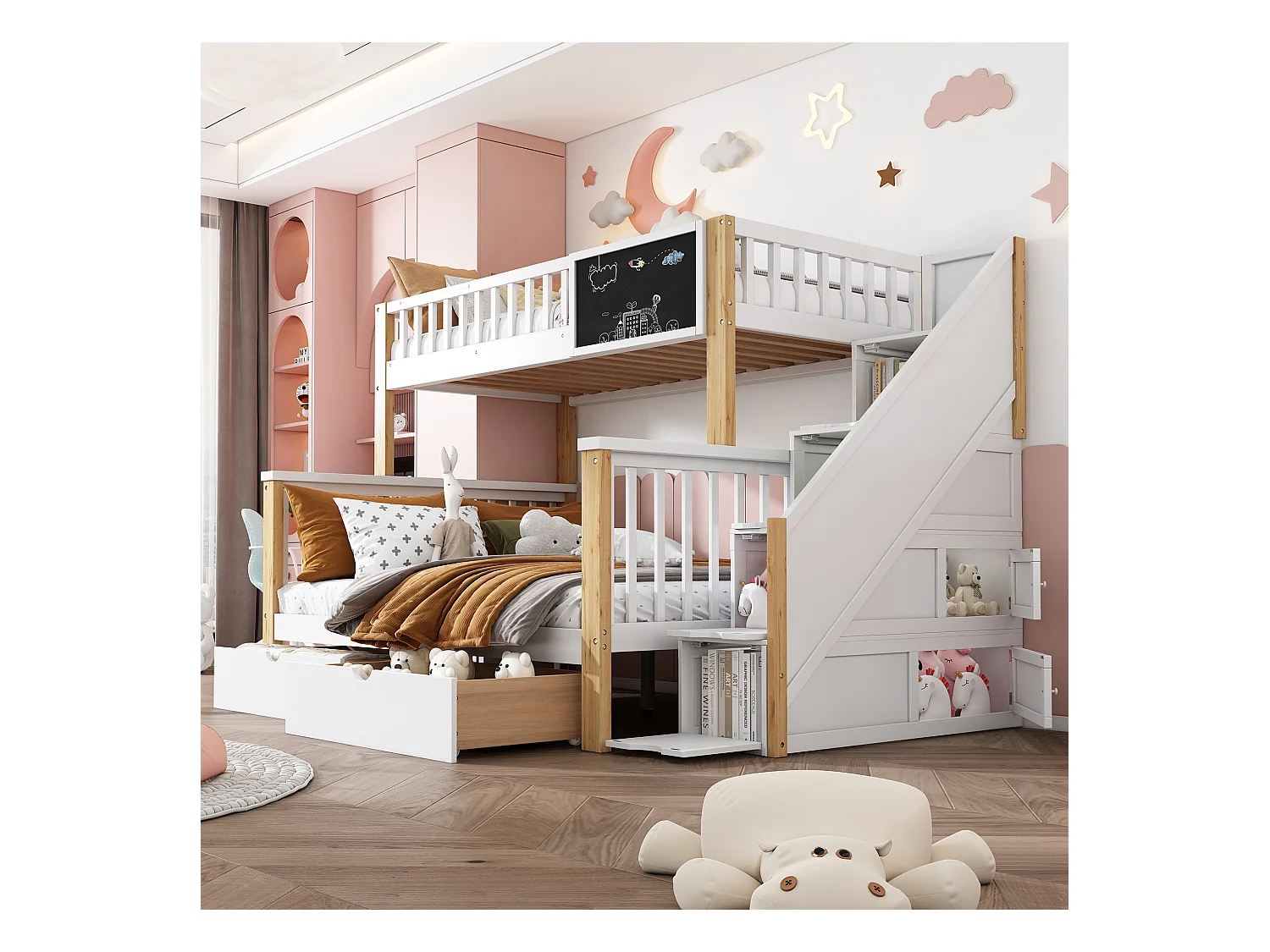 Lits superposés 90 x 200 cm + 140 x 200 cm pour enfants avec 6 tiroirs et tableau noir - bois massif + MDF - coloris blanc et chêne