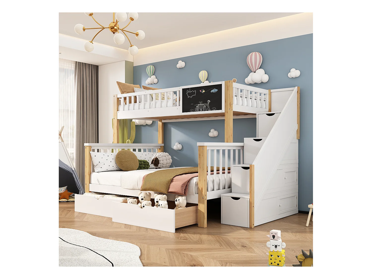 Lits superposés 90 x 200 cm + 140 x 200 cm pour enfants avec 6 tiroirs et tableau noir - bois massif + MDF - coloris blanc et chêne