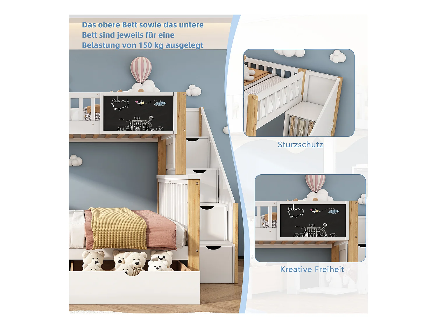 Lits superposés 90 x 200 cm + 140 x 200 cm pour enfants avec 6 tiroirs et tableau noir - bois massif + MDF - coloris blanc et chêne