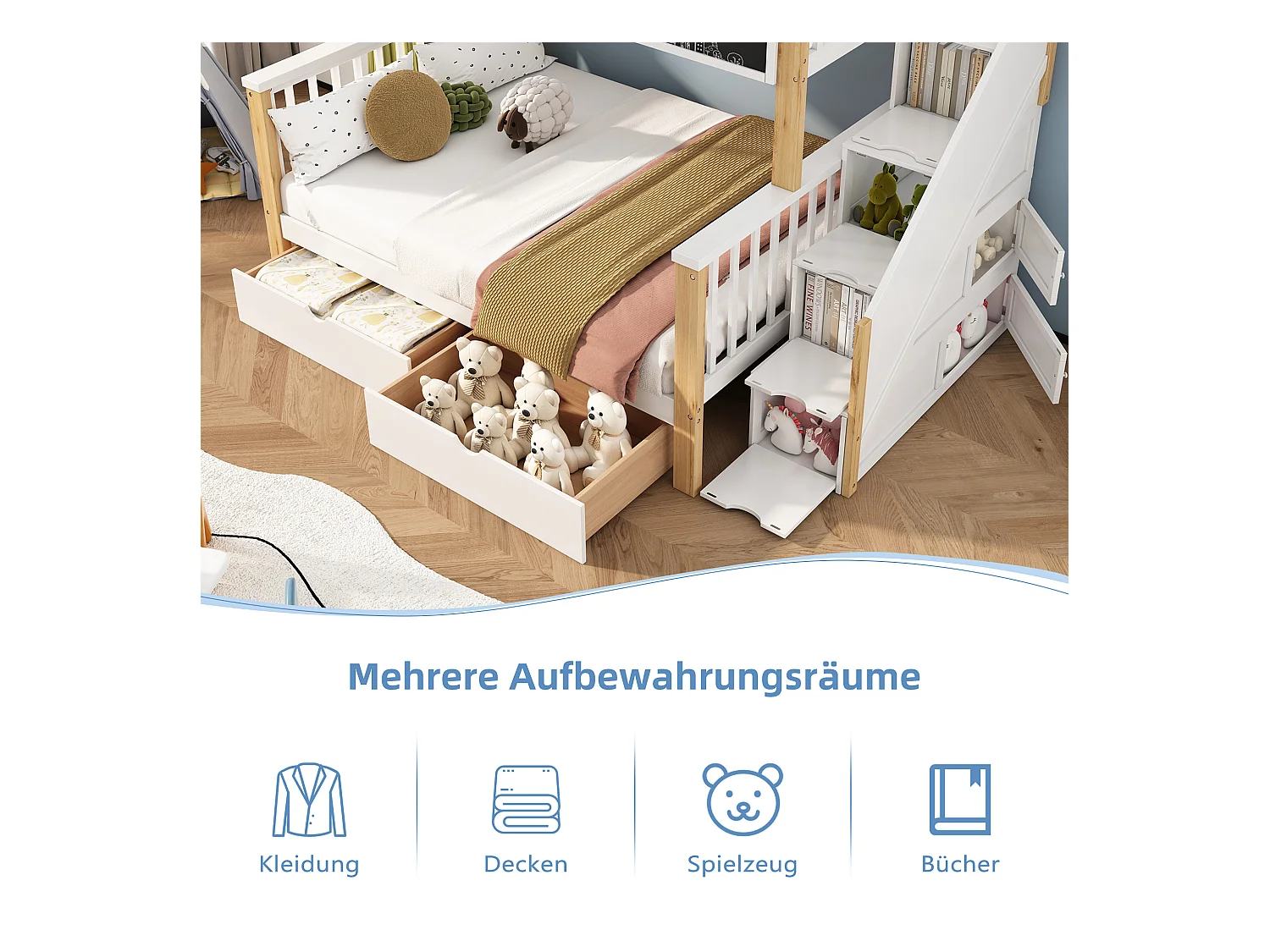 Lits superposés 90 x 200 cm + 140 x 200 cm pour enfants avec 6 tiroirs et tableau noir - bois massif + MDF - coloris blanc et chêne