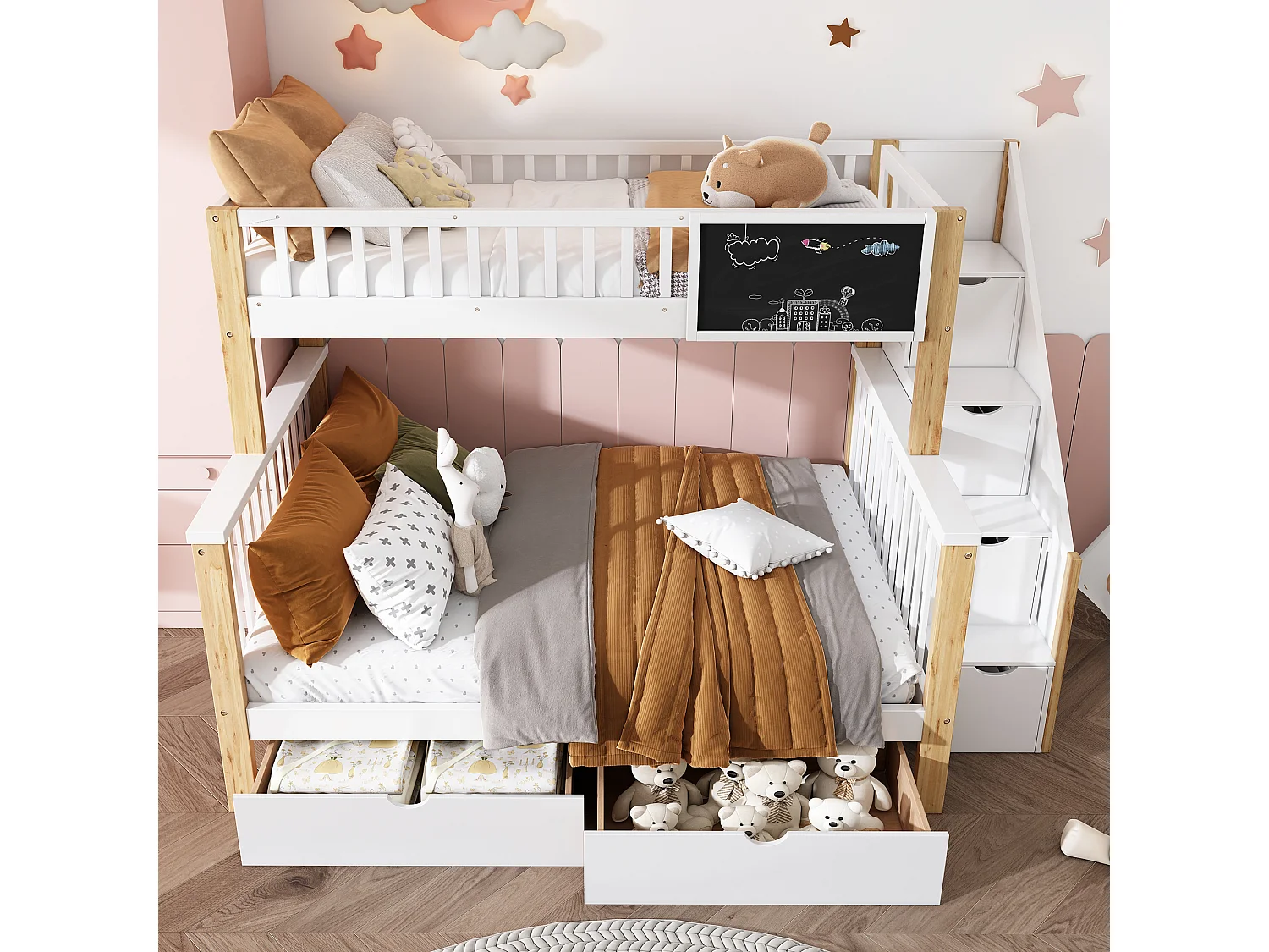 Etagenbetten 90 x 200 cm + 140 x 200 cm für Kinder mit 6 Schubladen und Tafel – Massivholz + MDF – Weiß und Eichenfarbe
