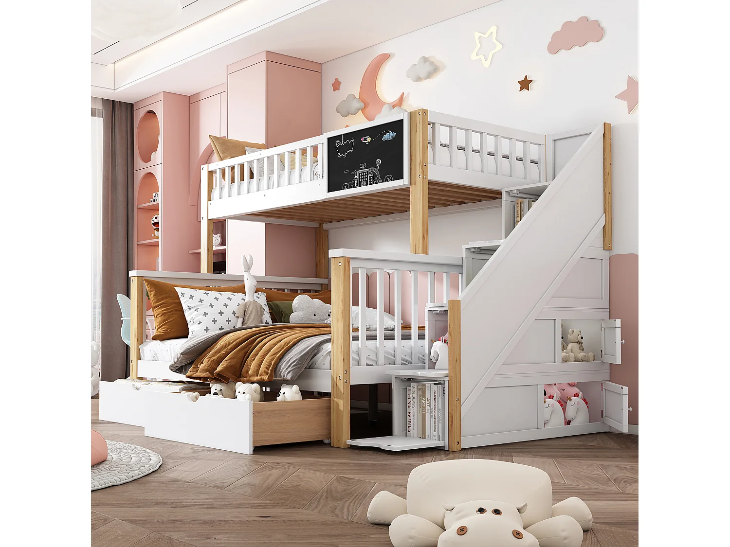 Etagenbetten 90 x 200 cm + 140 x 200 cm für Kinder mit 6 Schubladen und Tafel – Massivholz + MDF – Weiß und Eichenfarbe