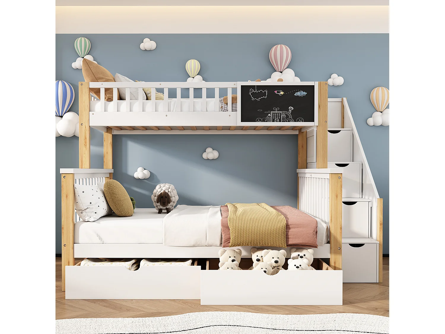 Etagenbetten 90 x 200 cm + 140 x 200 cm für Kinder mit 6 Schubladen und Tafel – Massivholz + MDF – Weiß und Eichenfarbe