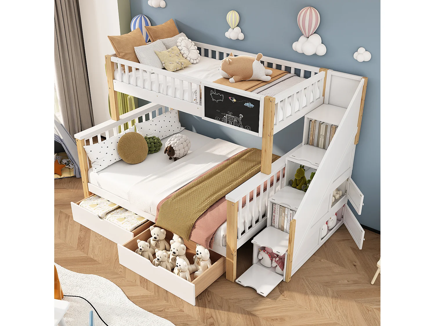 Etagenbetten 90 x 200 cm + 140 x 200 cm für Kinder mit 6 Schubladen und Tafel – Massivholz + MDF – Weiß und Eichenfarbe