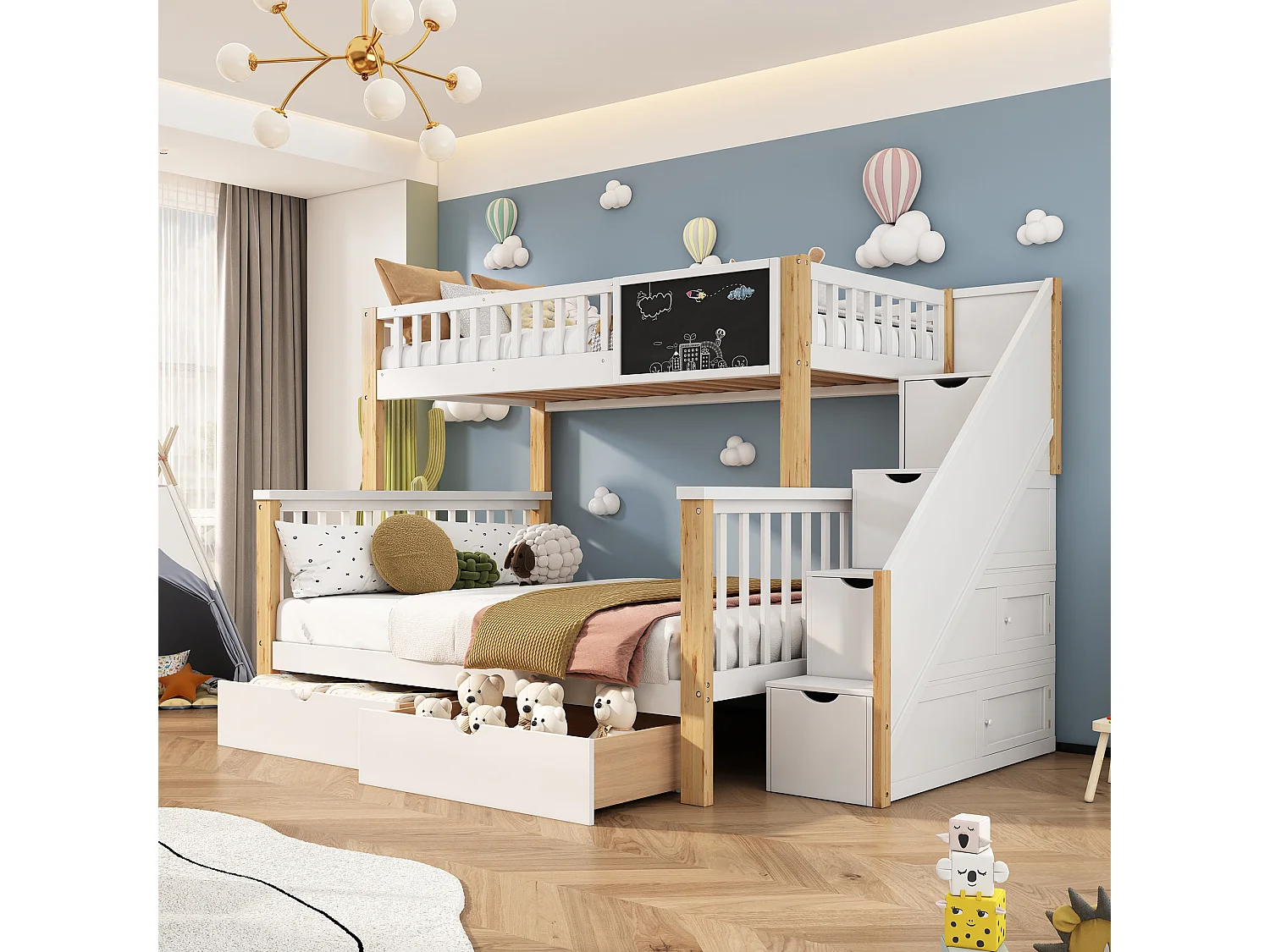 Etagenbetten 90 x 200 cm + 140 x 200 cm für Kinder mit 6 Schubladen und Tafel – Massivholz + MDF – Weiß und Eichenfarbe