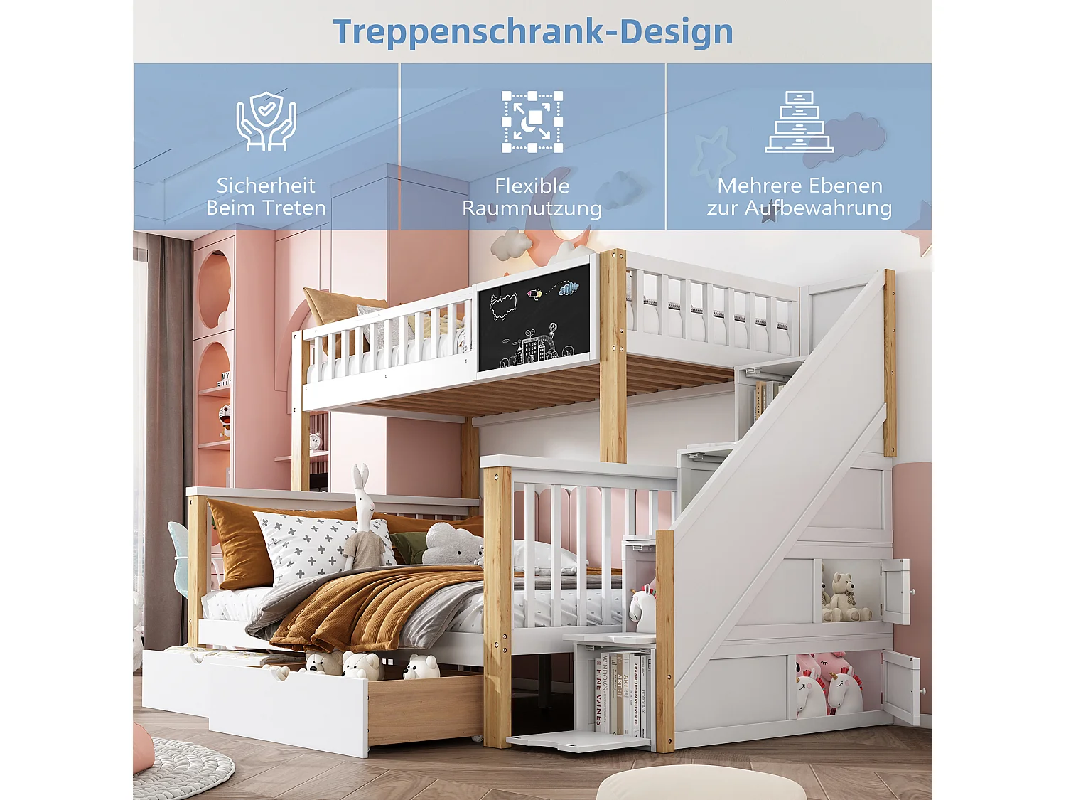 Etagenbetten 90 x 200 cm + 140 x 200 cm für Kinder mit 6 Schubladen und Tafel – Massivholz + MDF – Weiß und Eichenfarbe