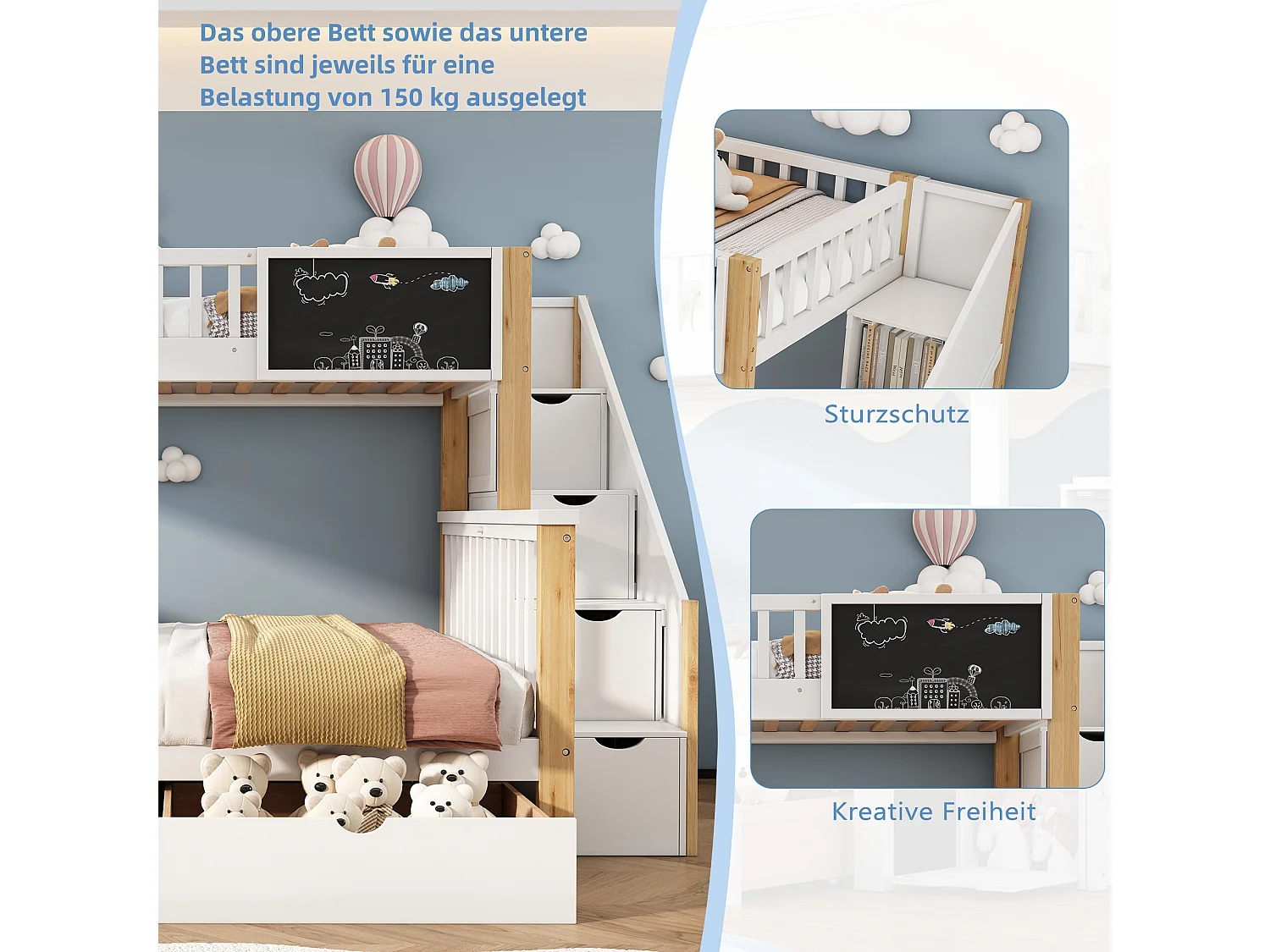 Etagenbetten 90 x 200 cm + 140 x 200 cm für Kinder mit 6 Schubladen und Tafel – Massivholz + MDF – Weiß und Eichenfarbe