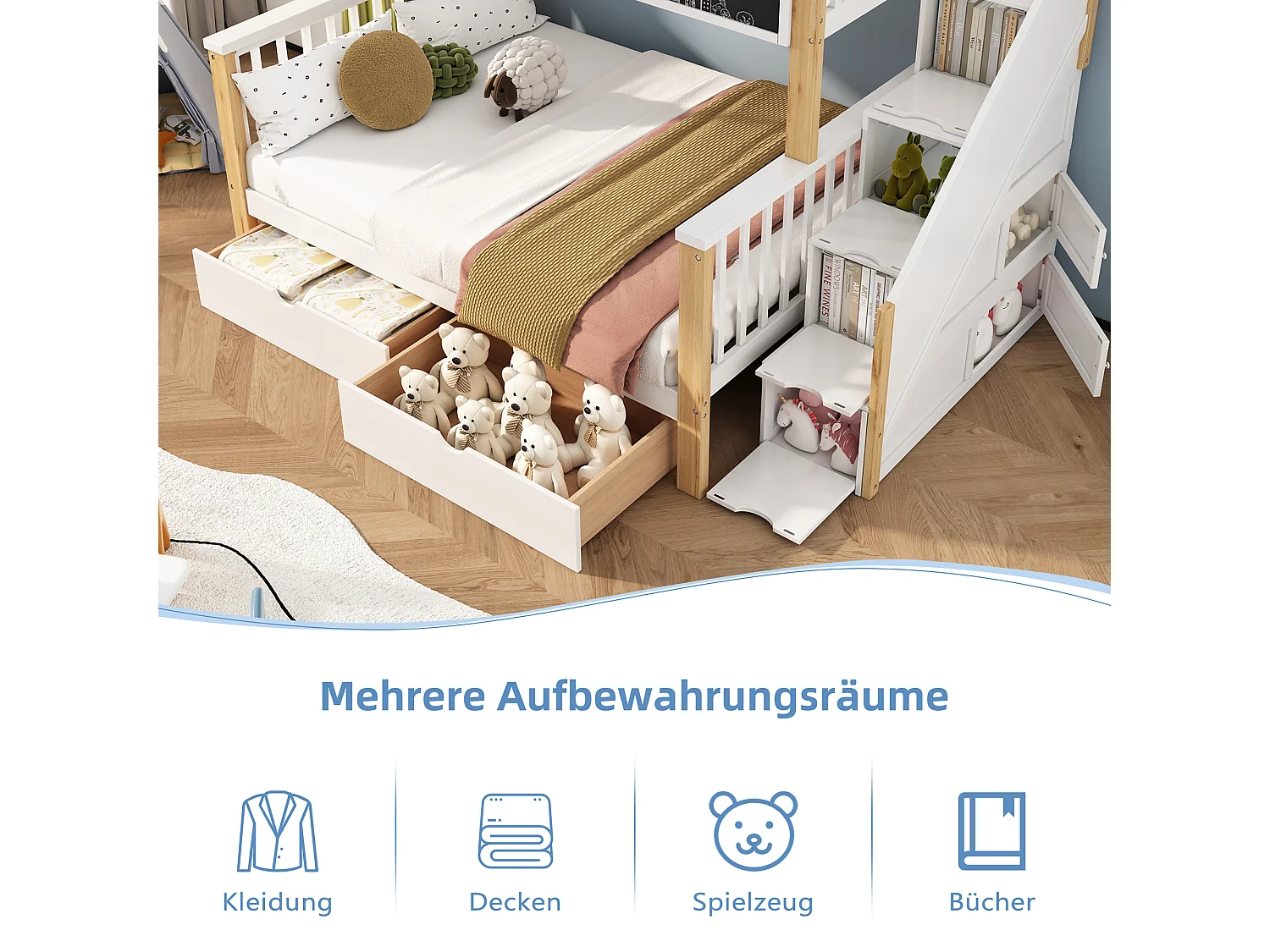 Etagenbetten 90 x 200 cm + 140 x 200 cm für Kinder mit 6 Schubladen und Tafel – Massivholz + MDF – Weiß und Eichenfarbe