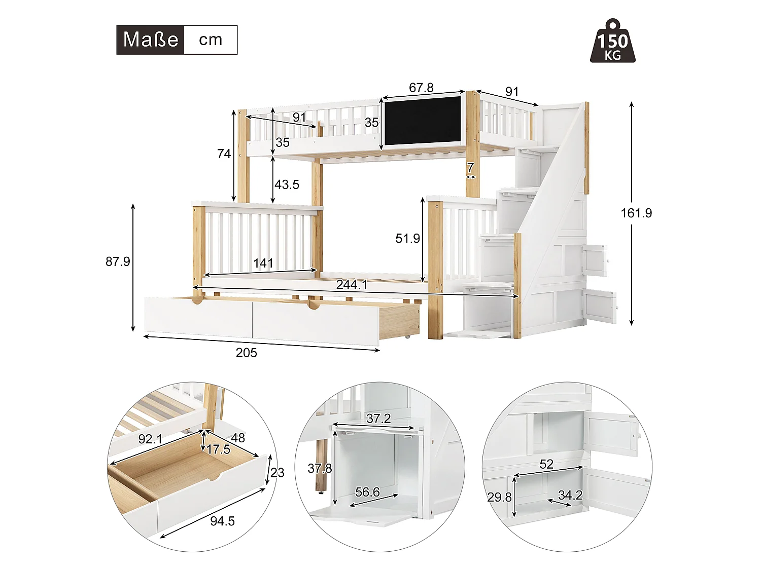 Etagenbetten 90 x 200 cm + 140 x 200 cm für Kinder mit 6 Schubladen und Tafel – Massivholz + MDF – Weiß und Eichenfarbe