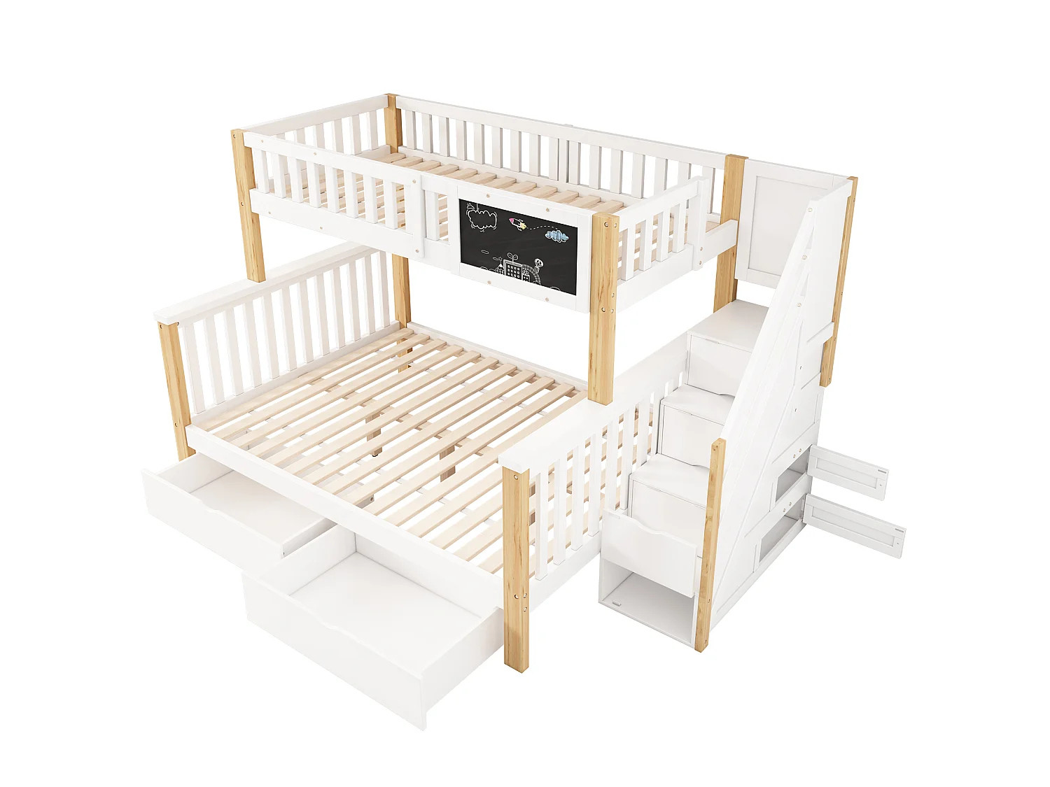 Children's bunk beds (90 x 200 cm + 140 x 200 cm) with 6 drawers and a chalkboard - solid wood + MDF - white and oak finish
