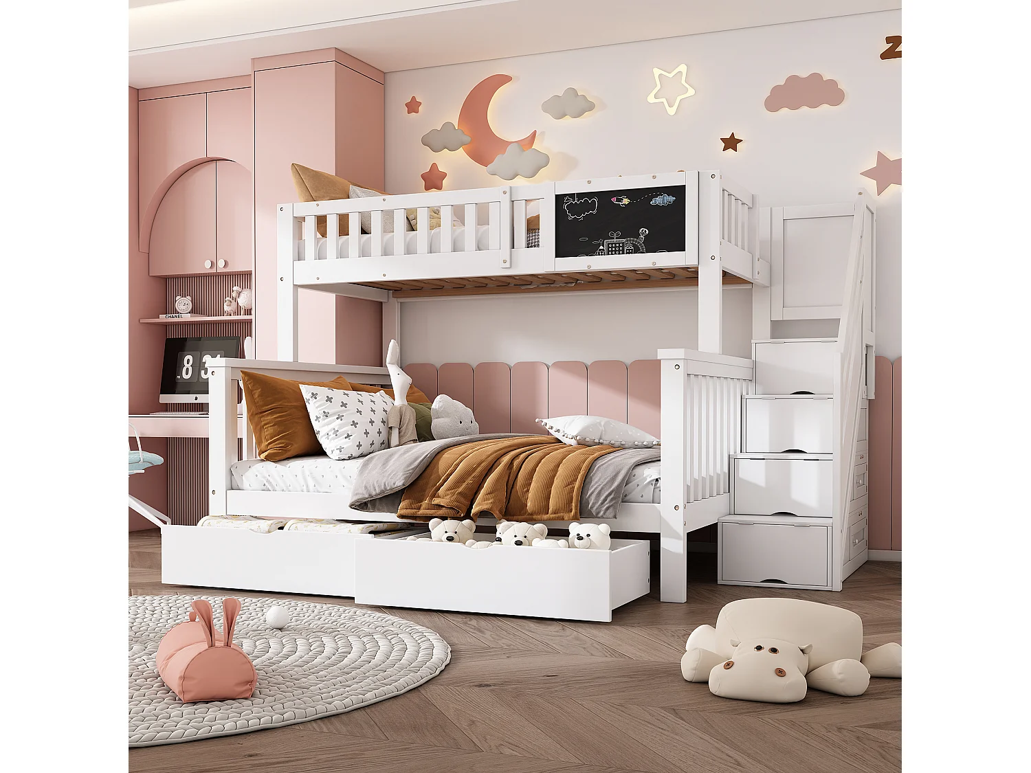 Łóżka piętrowe 90 x 200 cm + 140 x 200 cm dla dzieci z 6 szufladami i tablicą - lite drewno + płyta MDF - kolor biały