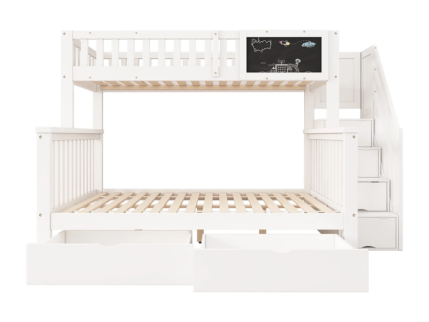 Łóżka piętrowe 90 x 200 cm + 140 x 200 cm dla dzieci z 6 szufladami i tablicą - lite drewno + płyta MDF - kolor biały