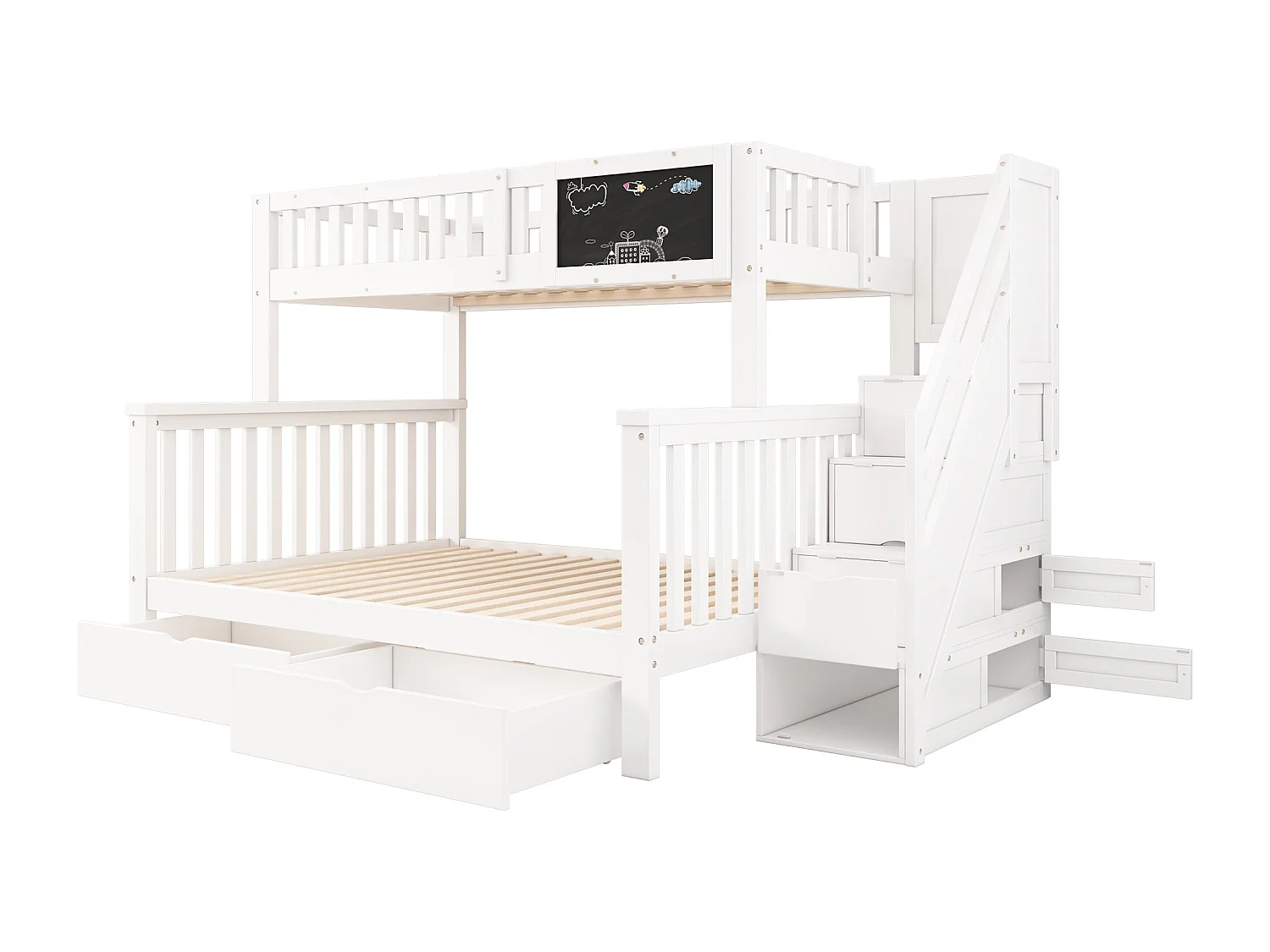 Łóżka piętrowe 90 x 200 cm + 140 x 200 cm dla dzieci z 6 szufladami i tablicą - lite drewno + płyta MDF - kolor biały