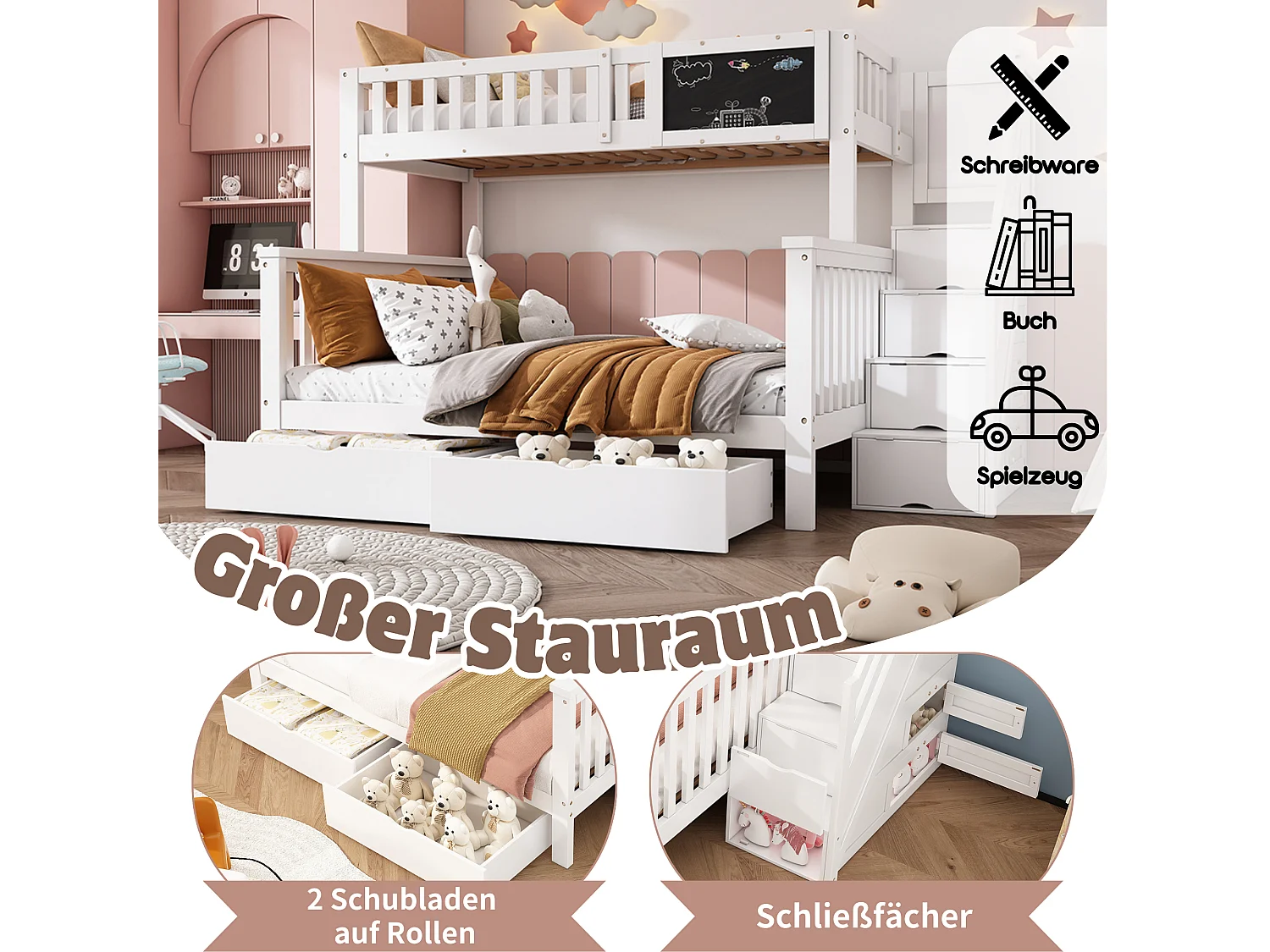 Łóżka piętrowe 90 x 200 cm + 140 x 200 cm dla dzieci z 6 szufladami i tablicą - lite drewno + płyta MDF - kolor biały