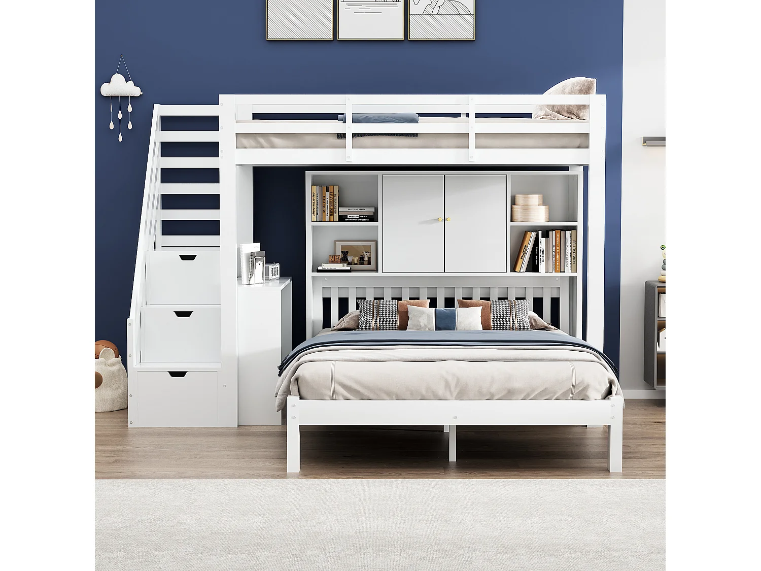 Lits superposés 90 x 200 cm + 140 x 200 cm avec étagère de rangement et 4 tiroirs - bois massif + MDF - blanc