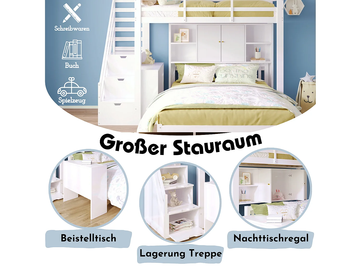 Lits superposés 90 x 200 cm + 140 x 200 cm avec étagère de rangement et 4 tiroirs - bois massif + MDF - blanc