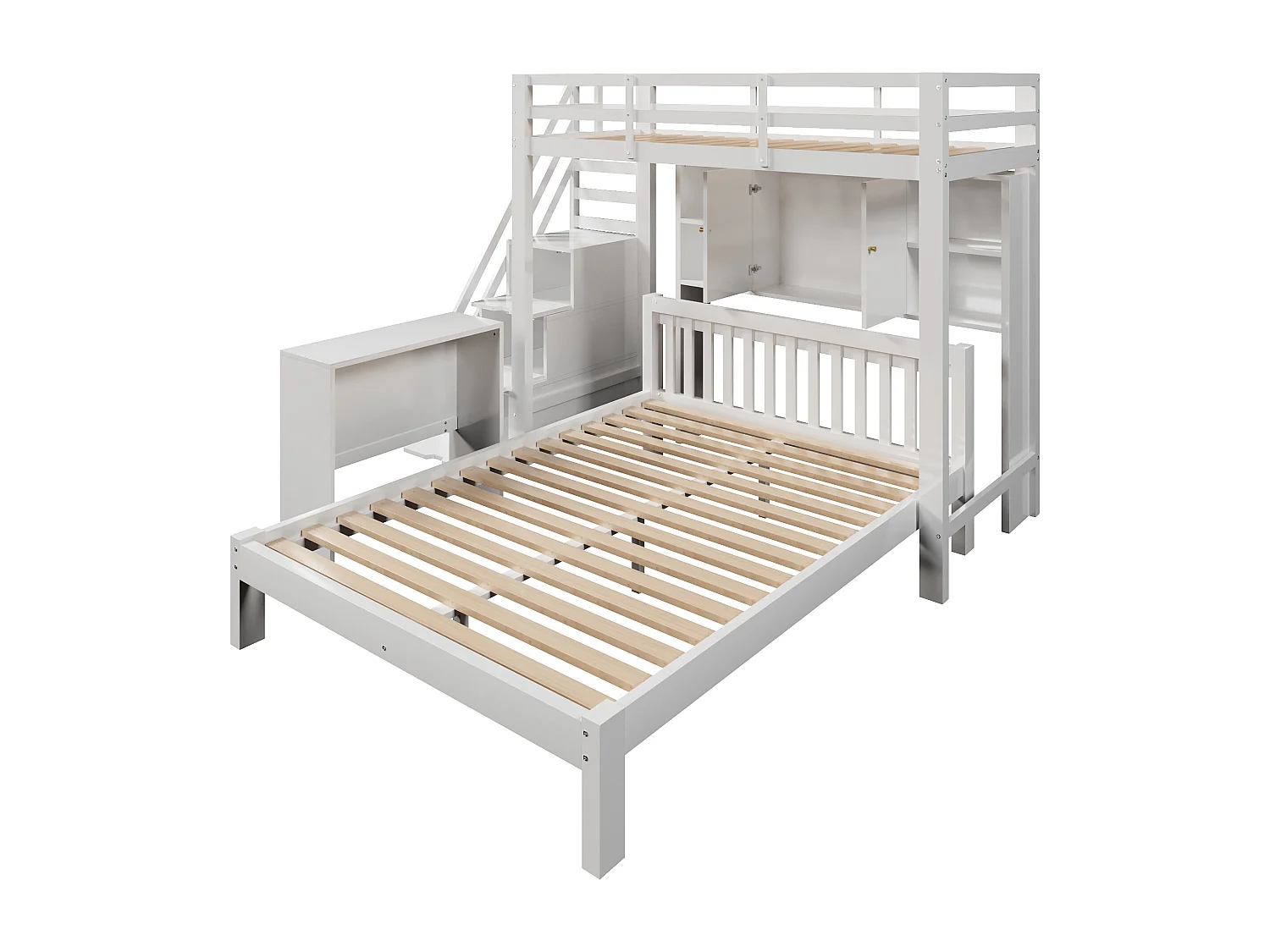 Lits superposés 90 x 200 cm + 140 x 200 cm avec étagère de rangement et 4 tiroirs - bois massif + MDF - blanc