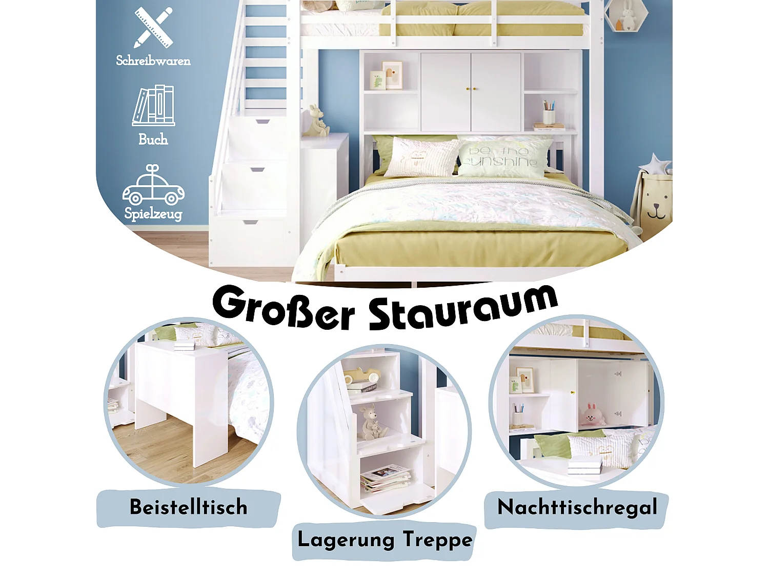 Lits superposés 90 x 200 cm + 140 x 200 cm avec étagère de rangement et 4 tiroirs - bois massif + MDF - blanc