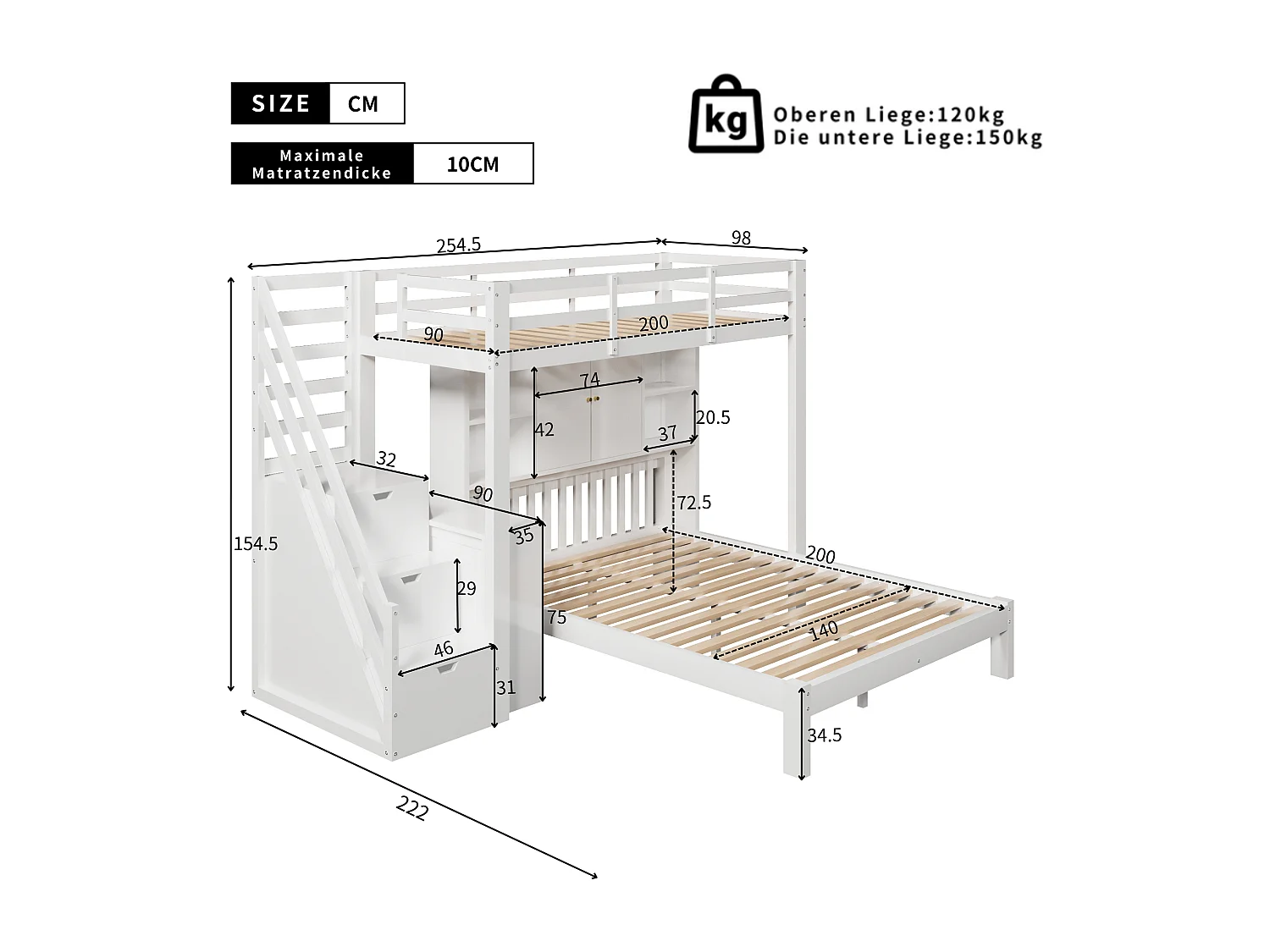 Lits superposés 90 x 200 cm + 140 x 200 cm avec étagère de rangement et 4 tiroirs - bois massif + MDF - blanc