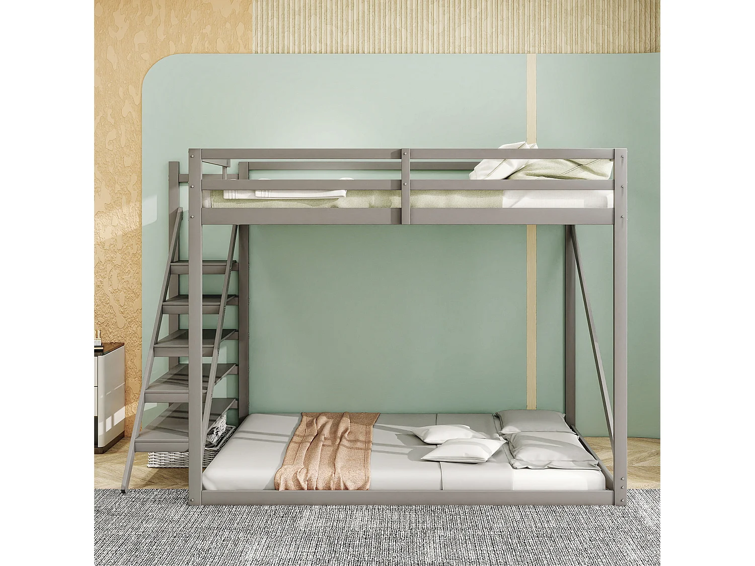Stapelbedden 140 x 200 cm met veiligheidsladder - massief hout - lattenbodem alleen boven - grijs