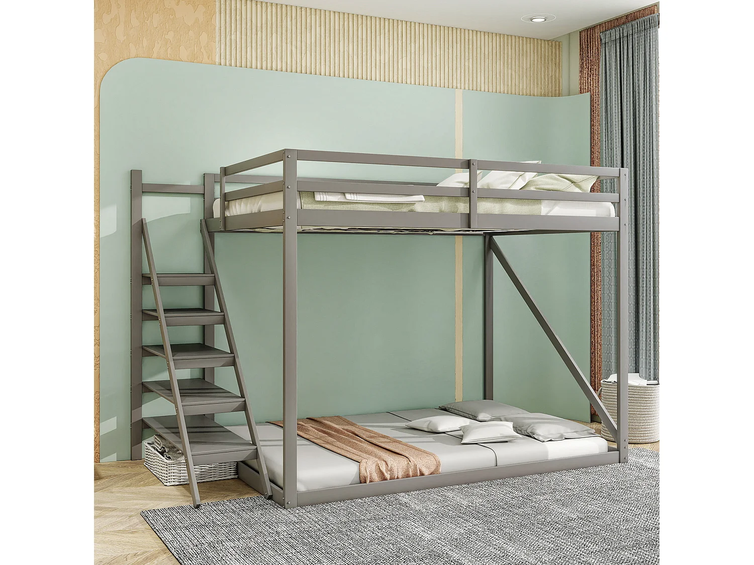 Stapelbedden 140 x 200 cm met veiligheidsladder - massief hout - lattenbodem alleen boven - grijs