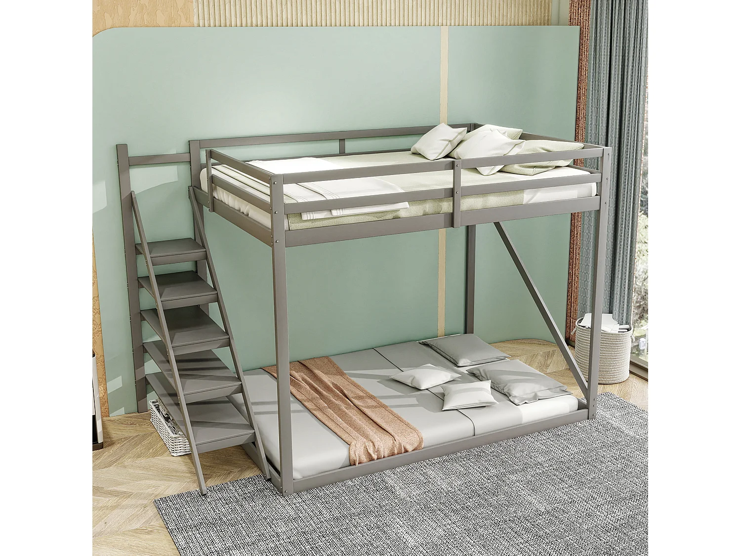 Stapelbedden 140 x 200 cm met veiligheidsladder - massief hout - lattenbodem alleen boven - grijs