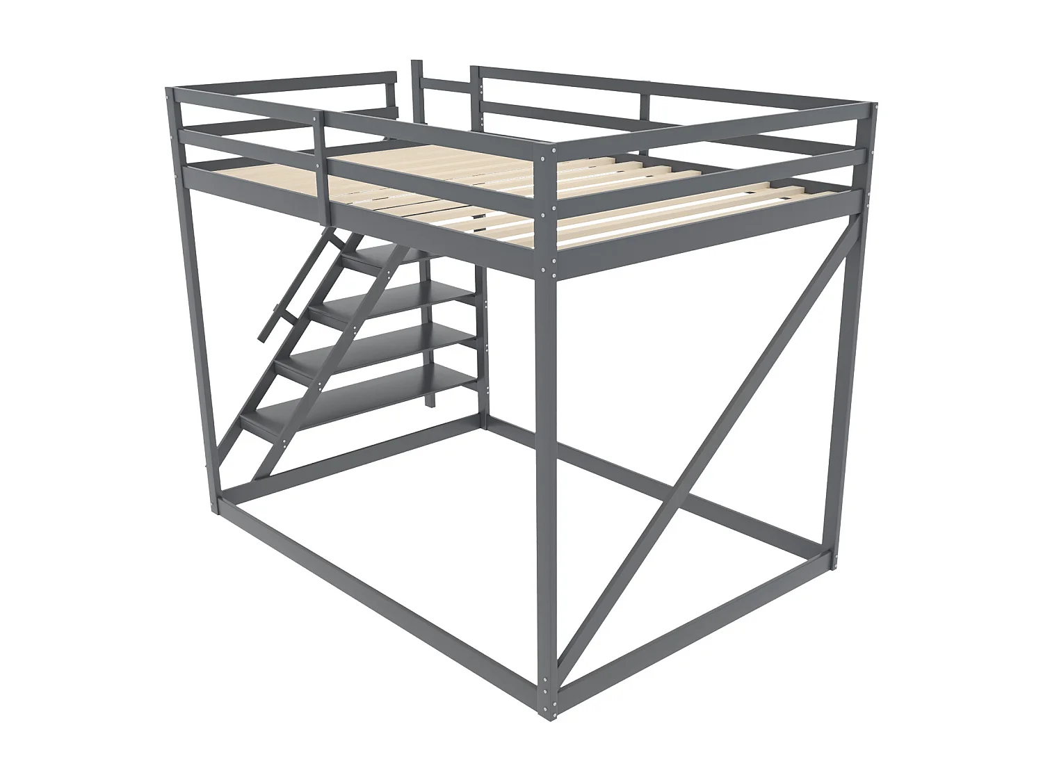 Stapelbedden 140 x 200 cm met veiligheidsladder - massief hout - lattenbodem alleen boven - grijs