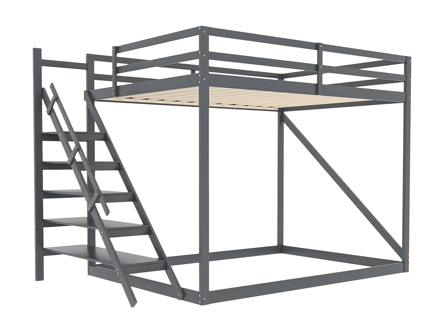 Stapelbedden 140 x 200 cm met veiligheidsladder - massief hout - lattenbodem alleen boven - grijs