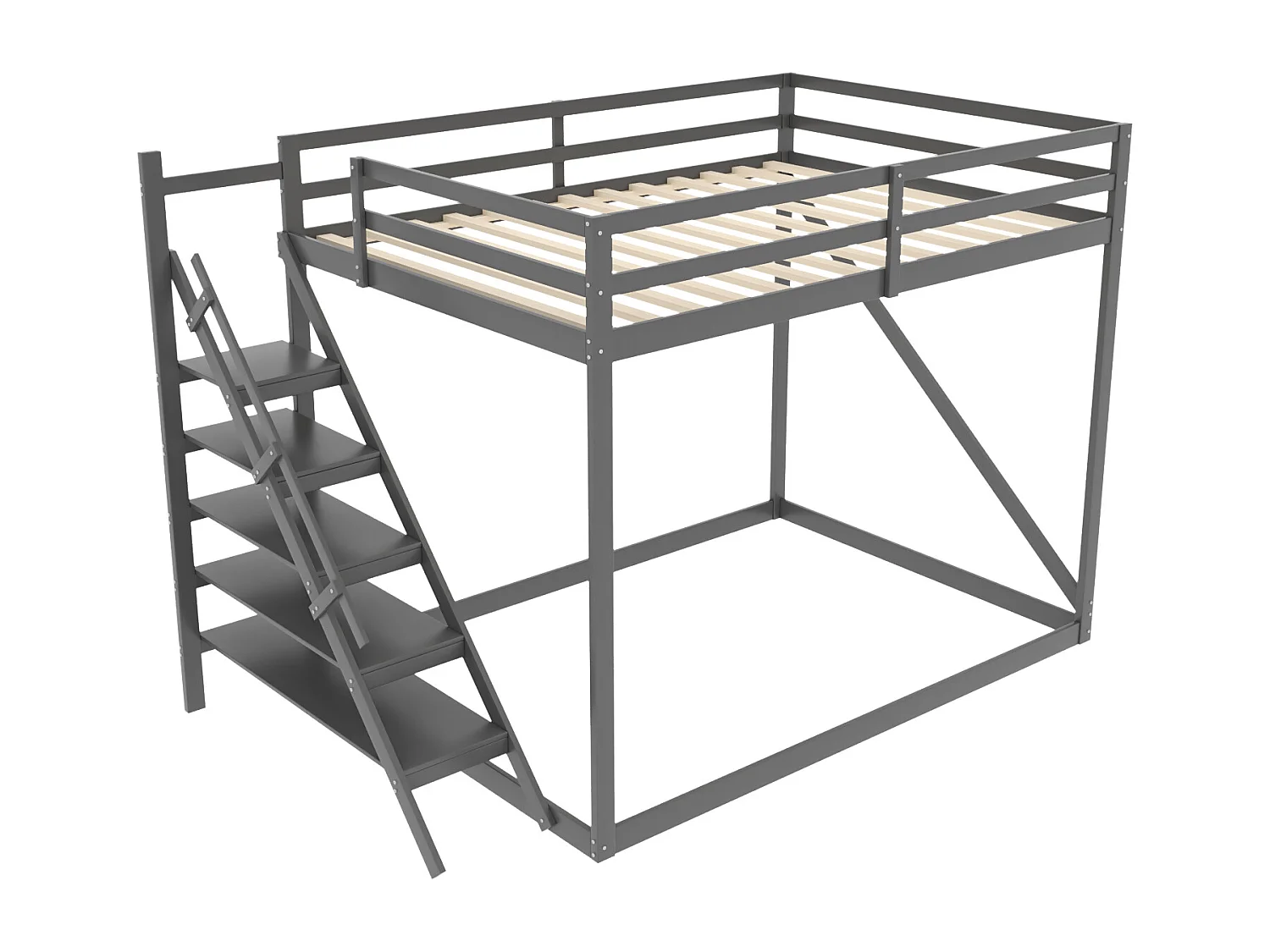 Stapelbedden 140 x 200 cm met veiligheidsladder - massief hout - lattenbodem alleen boven - grijs
