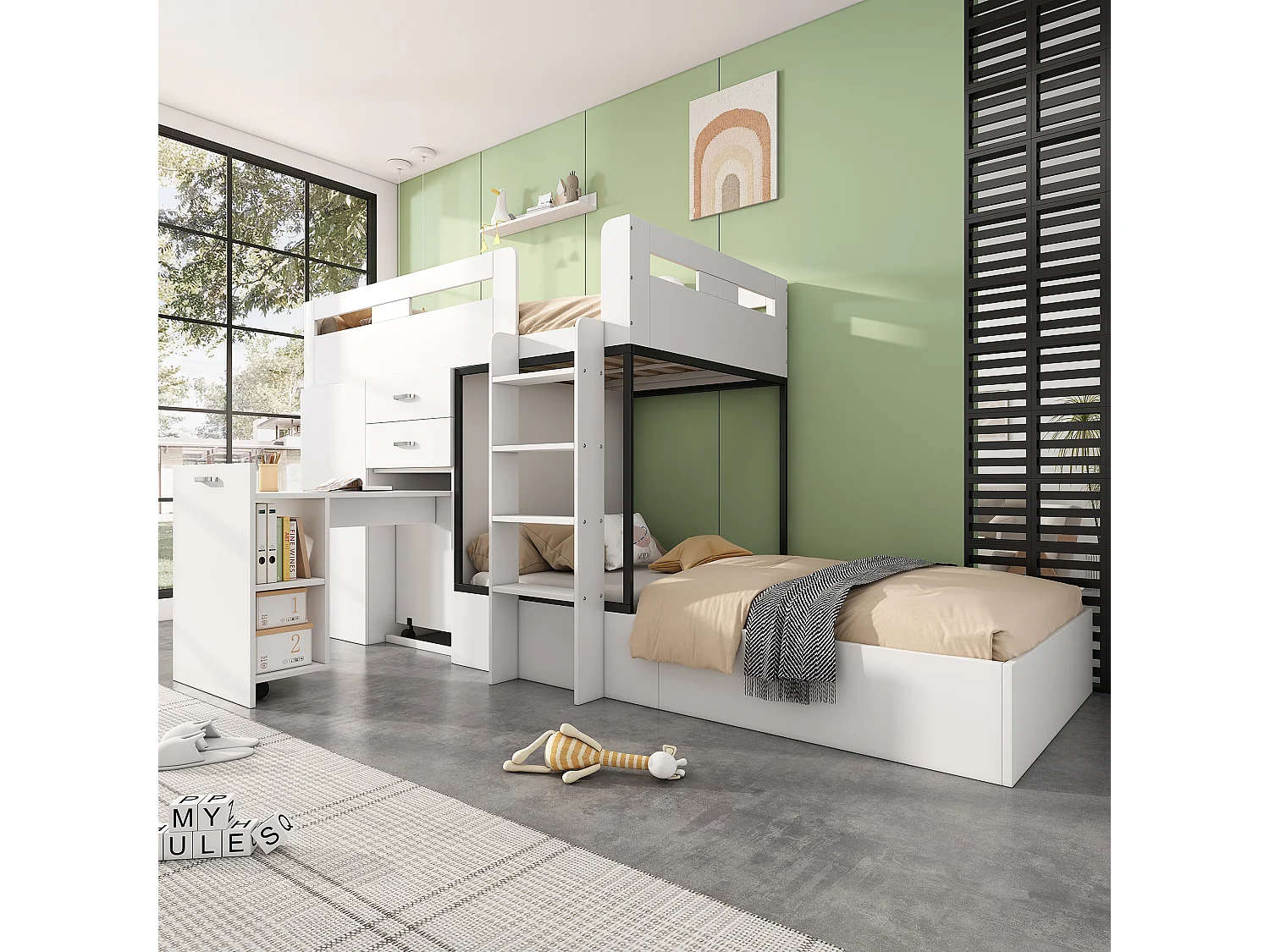 Literas 2 x 90 x 200 cm con armario, escritorio y 2 cajones - madera MDF - somier de láminas - color blanco