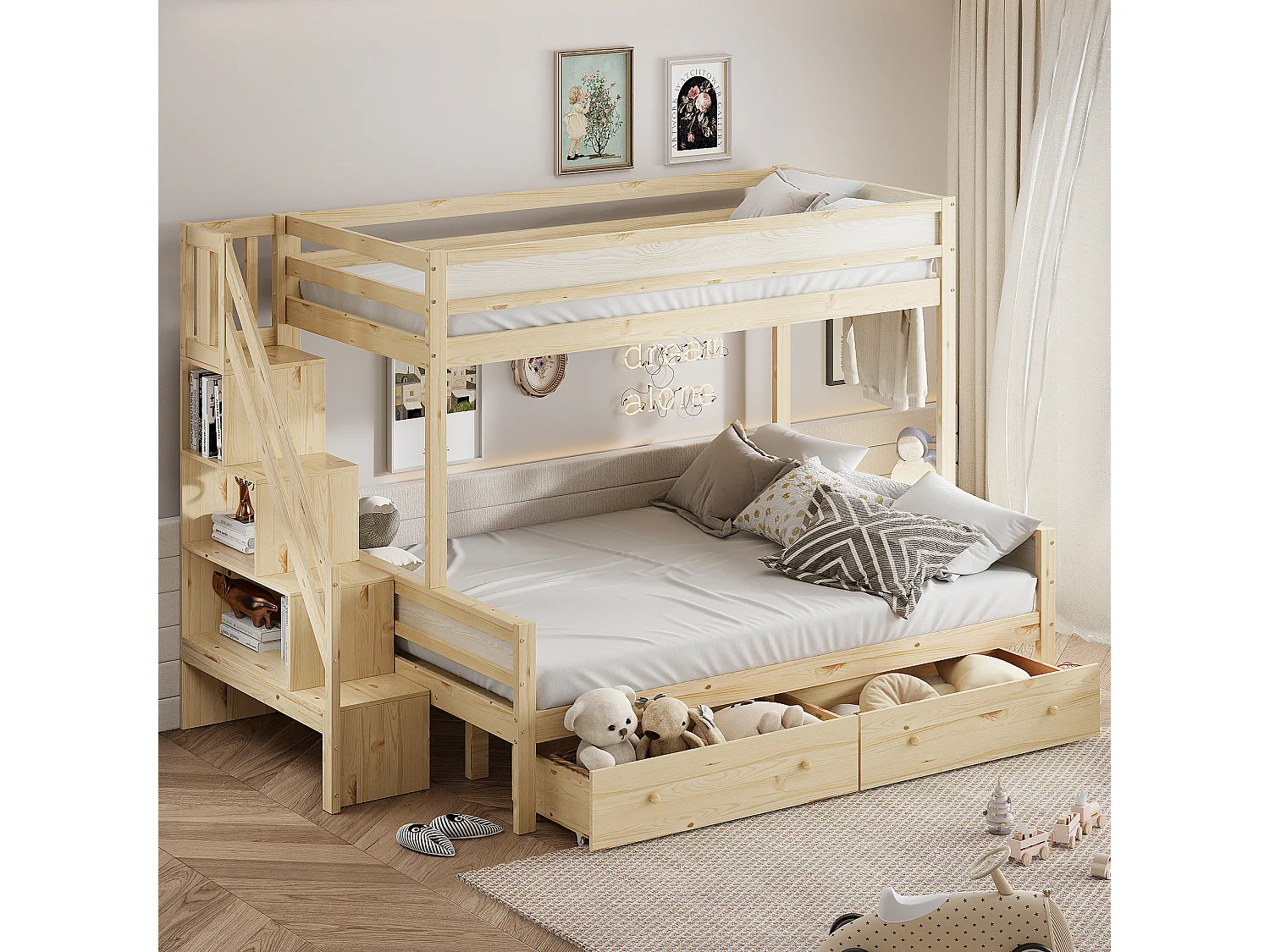 Stapelbedden 90 x 200 cm + 140 x 200 cm met 2 laden en opbergplanken - massief hout - natuurlijke kleur