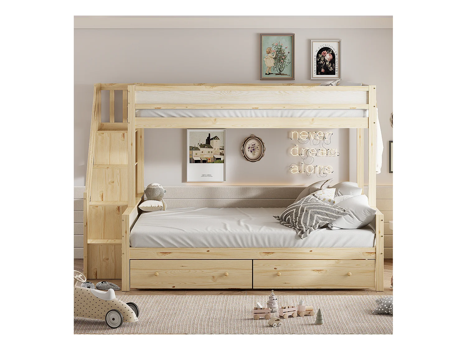 Stapelbedden 90 x 200 cm + 140 x 200 cm met 2 laden en opbergplanken - massief hout - natuurlijke kleur