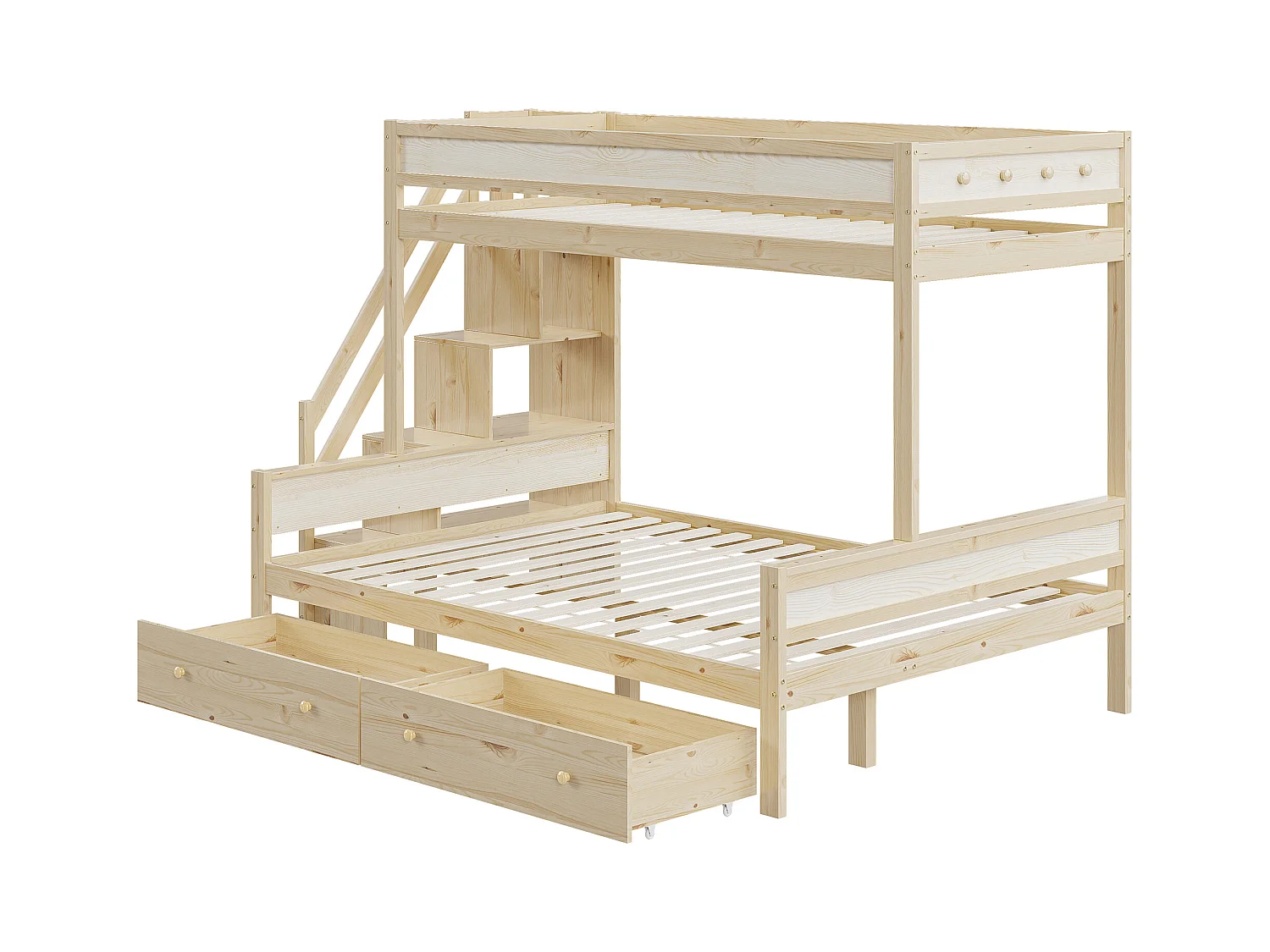 Stapelbedden 90 x 200 cm + 140 x 200 cm met 2 laden en opbergplanken - massief hout - natuurlijke kleur