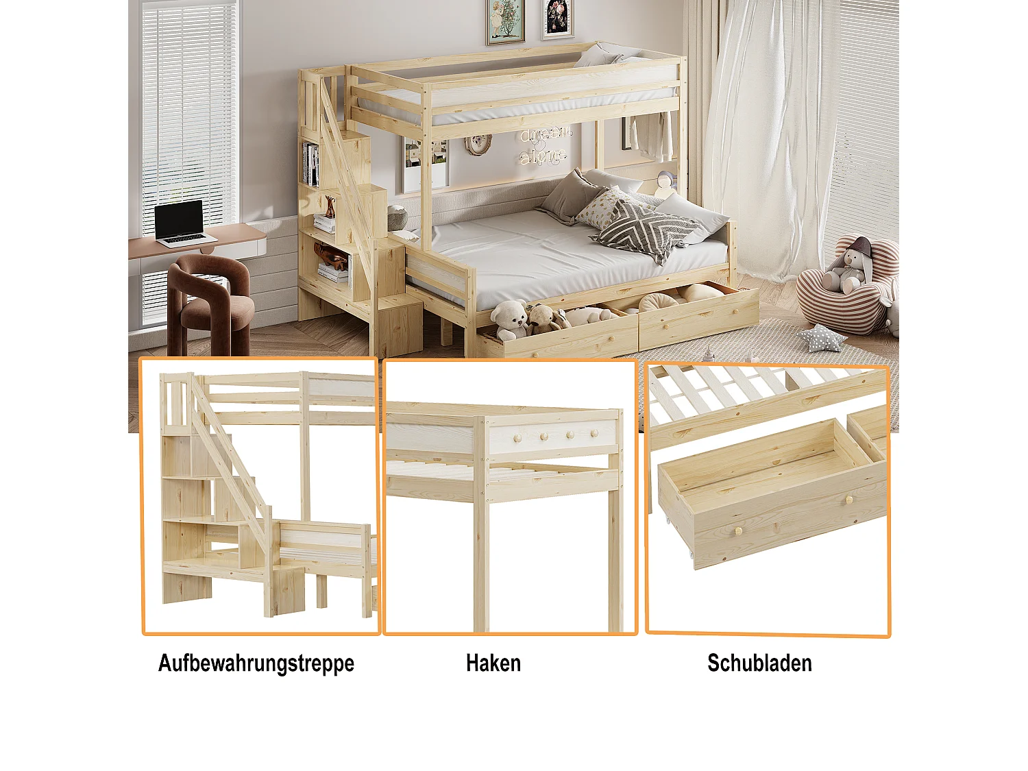 Stapelbedden 90 x 200 cm + 140 x 200 cm met 2 laden en opbergplanken - massief hout - natuurlijke kleur