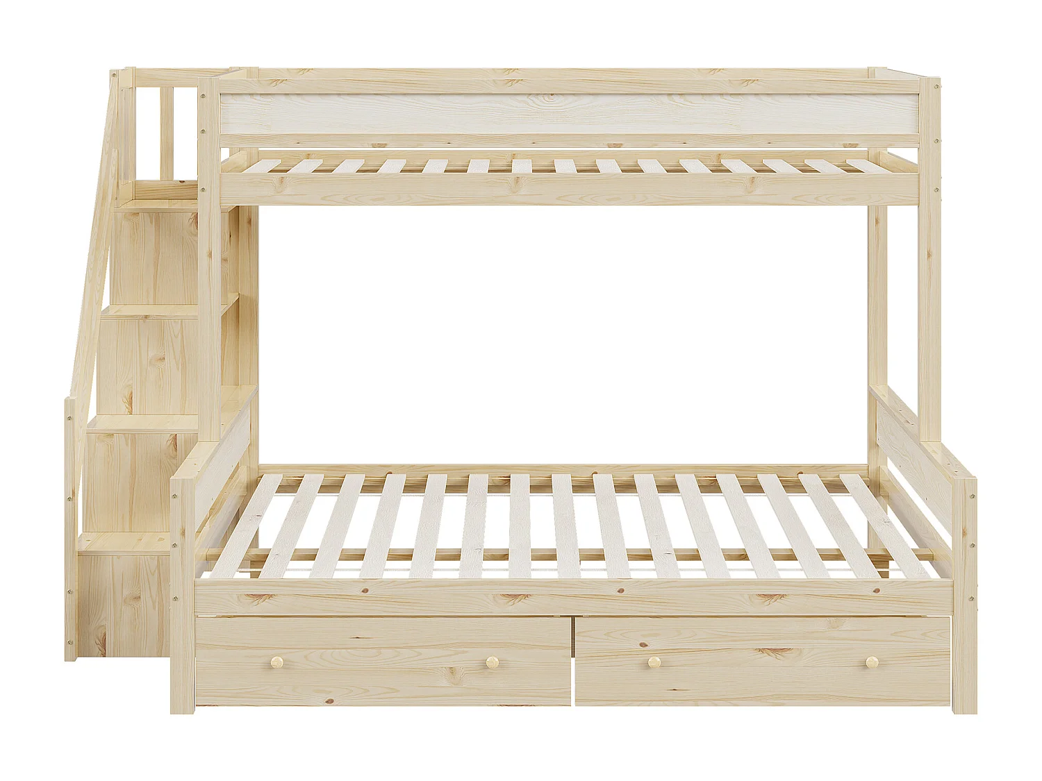 Stapelbedden 90 x 200 cm + 140 x 200 cm met 2 laden en opbergplanken - massief hout - natuurlijke kleur