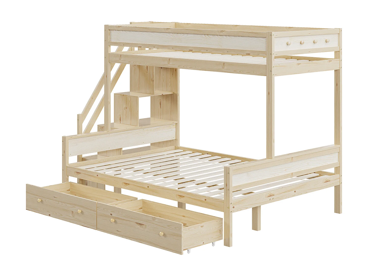 Stapelbedden 90 x 200 cm + 140 x 200 cm met 2 laden en opbergplanken - massief hout - natuurlijke kleur