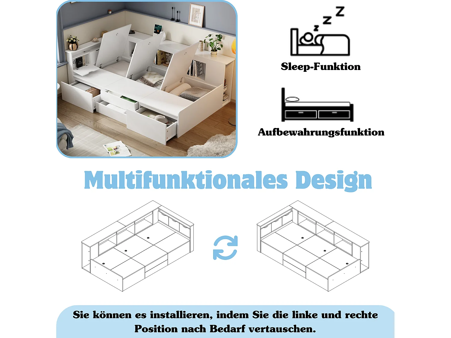 Lit enfant 90 x 200 cm avec 4 tiroirs, bibliothèque et meuble de rangement - bois MDF - coloris blanc