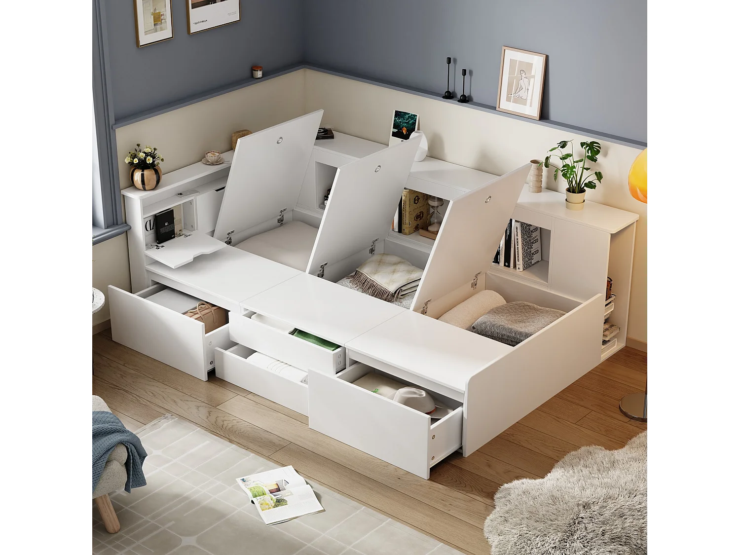 Letto per bambini 90 x 200 cm con 4 cassetti, libreria e vano contenitore - Legno MDF - colore bianco