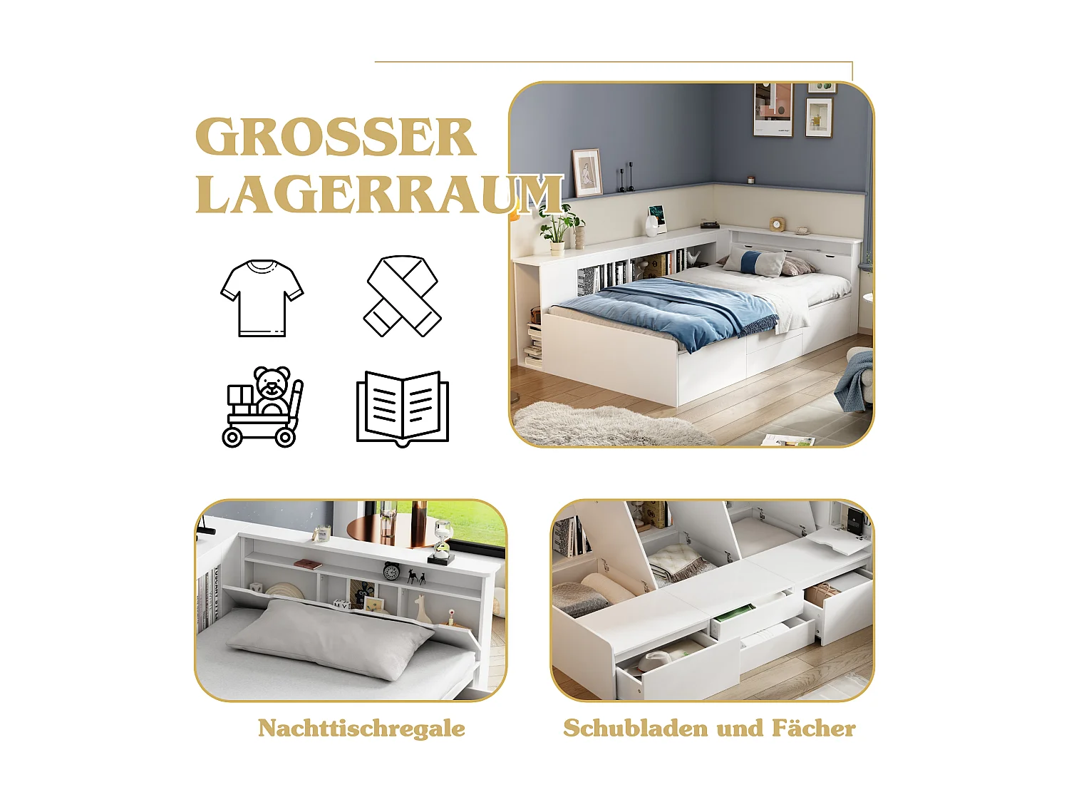 Letto per bambini 90 x 200 cm con 4 cassetti, libreria e vano contenitore - Legno MDF - colore bianco