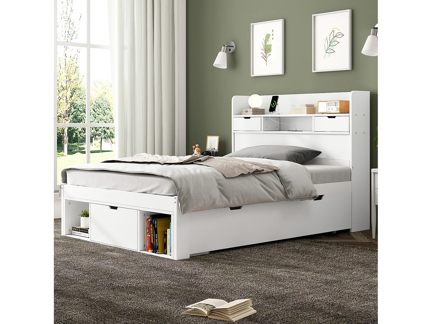 Cama 90 x 200 cm com 5 gavetas, porta USB e compartimentos de armazenamento - madeira de pinho - cor branca